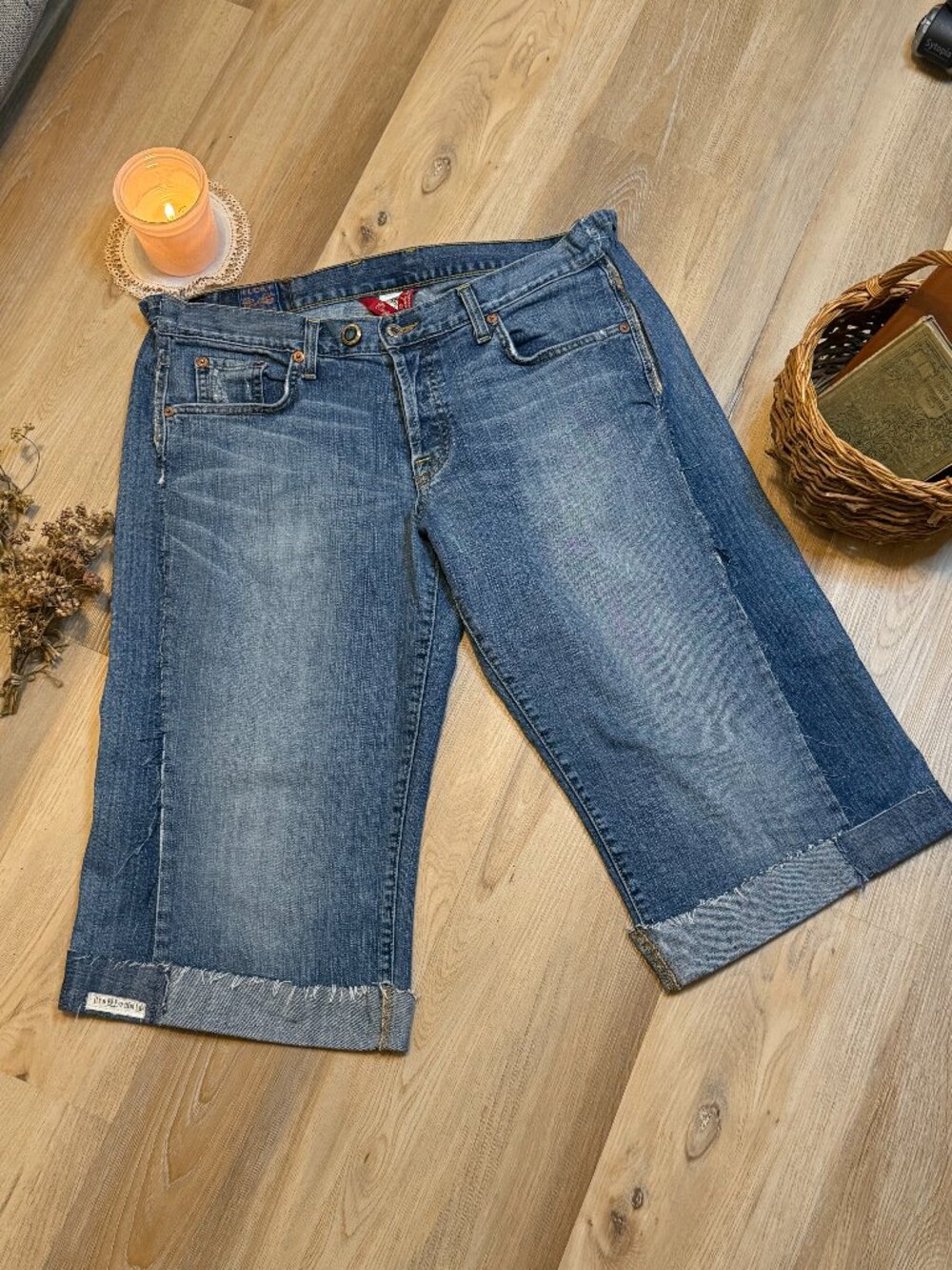 Upcycled Wide Leg Cropped Jeans, Reworked Patchwork Denim, Distressed Culottes